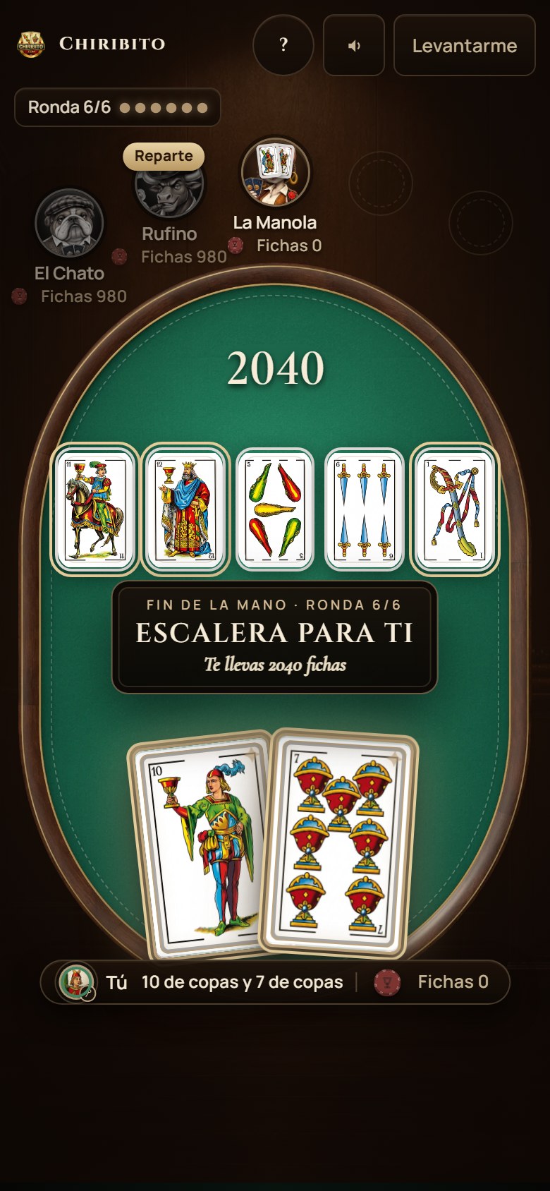 Final de una mano de Chiribito en el móvil: escalera