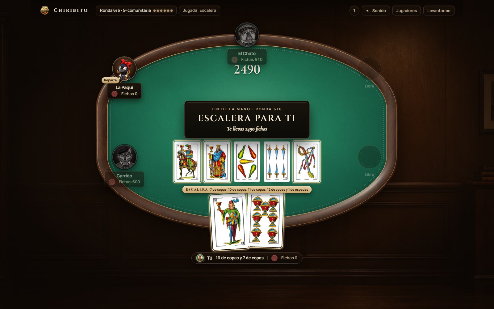 Final de una mano de Chiribito en el ordenador: escalera, con las cinco cartas comunes